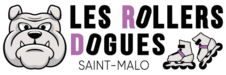 Logo de l'association Les rollers dogues avec une tête de chien, et RD en écriture violette